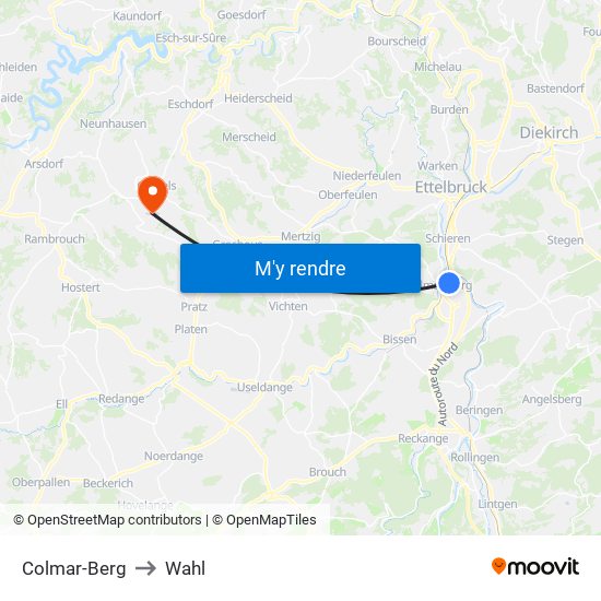 Colmar-Berg to Wahl map