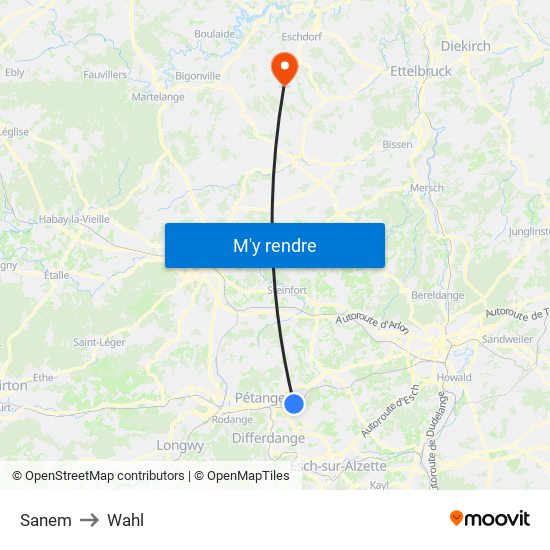 Sanem to Wahl map