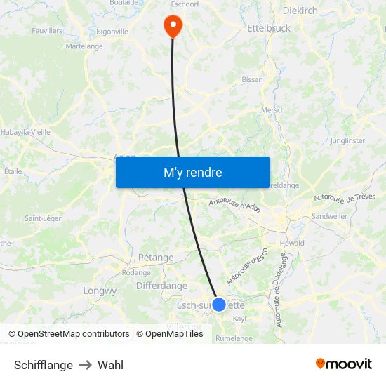 Schifflange to Wahl map