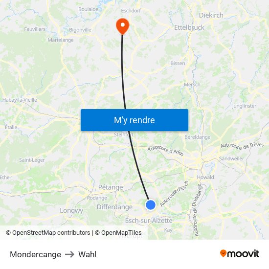 Mondercange to Wahl map