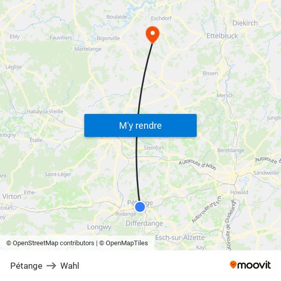 Pétange to Wahl map