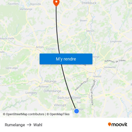 Rumelange to Wahl map