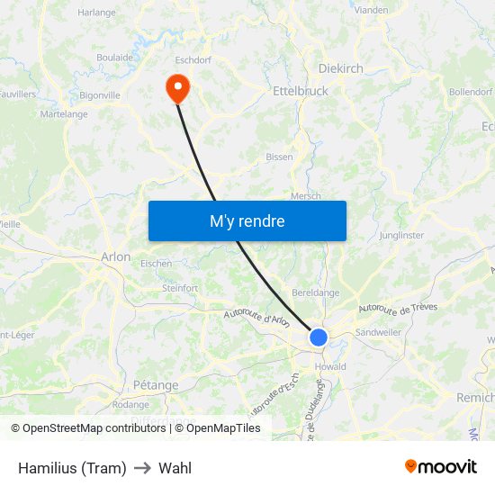 Hamilius (Tram) to Wahl map