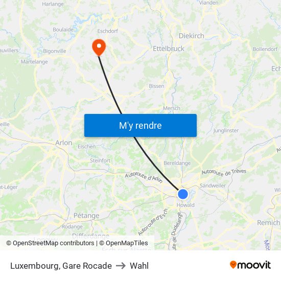 Luxembourg, Gare Rocade to Wahl map