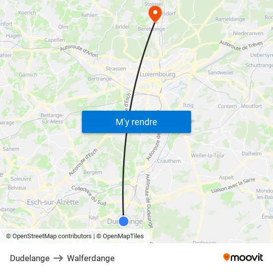 Dudelange to Walferdange map