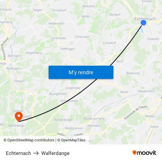 Echternach to Walferdange map