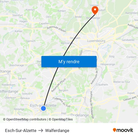 Esch-Sur-Alzette to Walferdange map