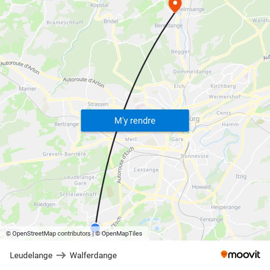 Leudelange to Walferdange map