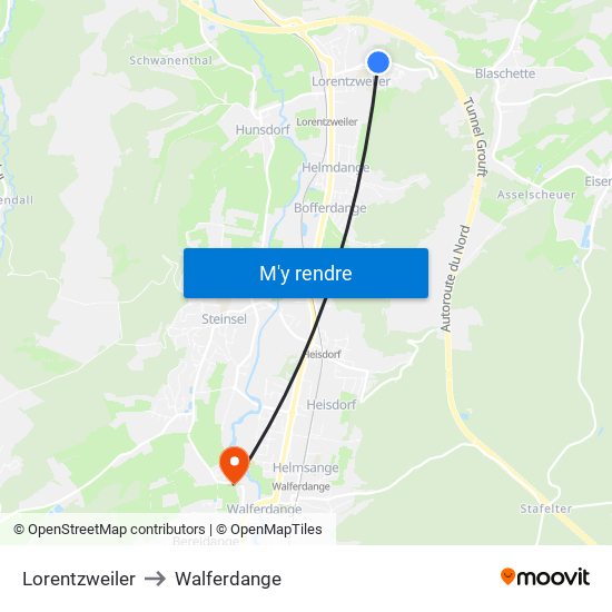 Lorentzweiler to Walferdange map