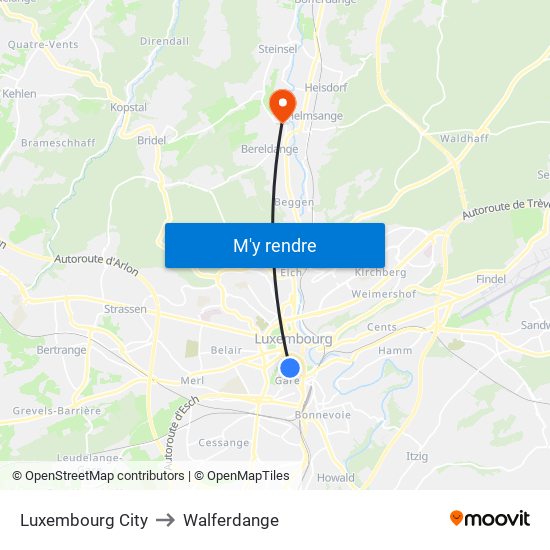 Luxembourg City to Walferdange map