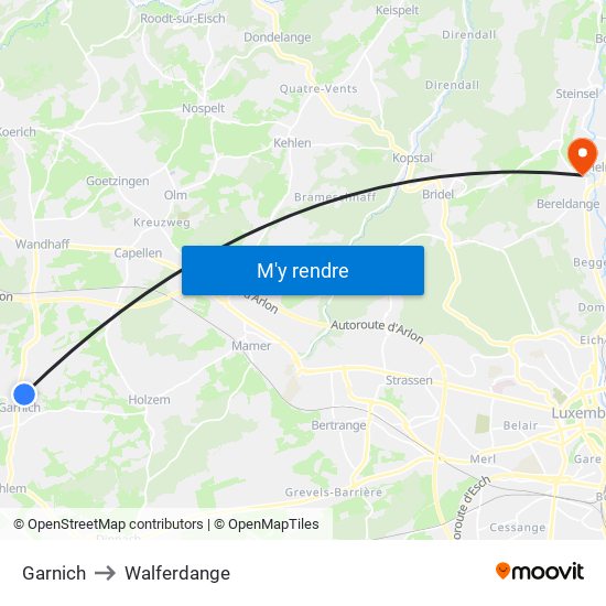 Garnich to Walferdange map