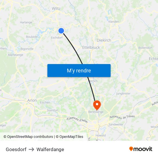 Goesdorf to Walferdange map