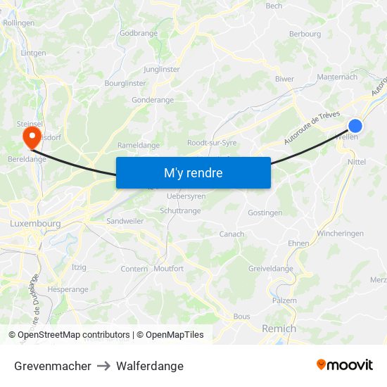Grevenmacher to Walferdange map