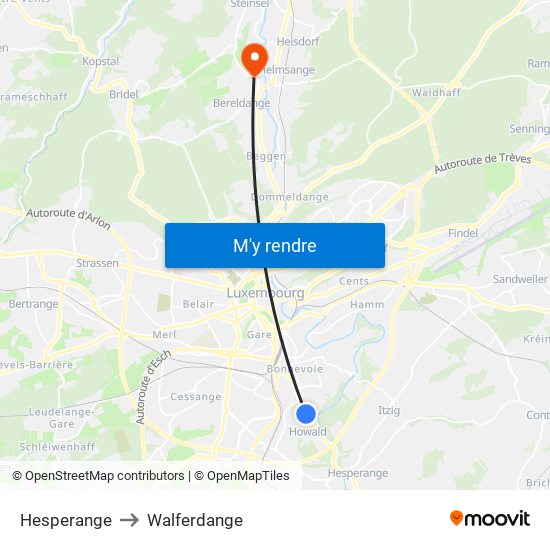 Hesperange to Walferdange map