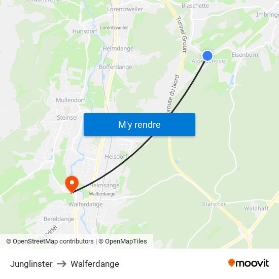 Junglinster to Walferdange map