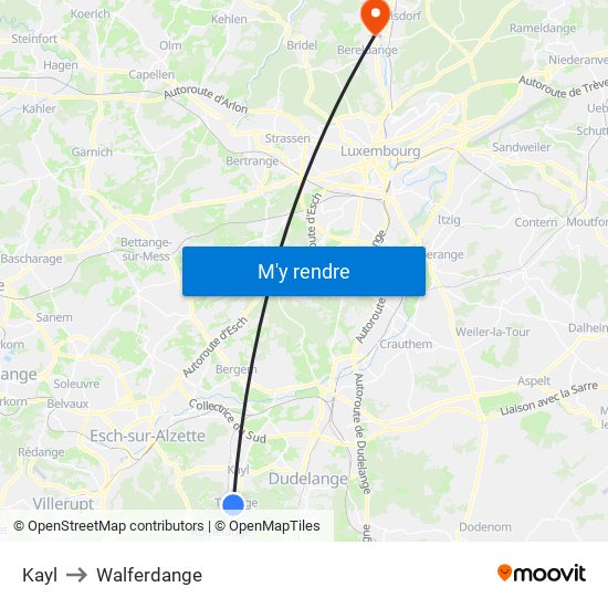 Kayl to Walferdange map