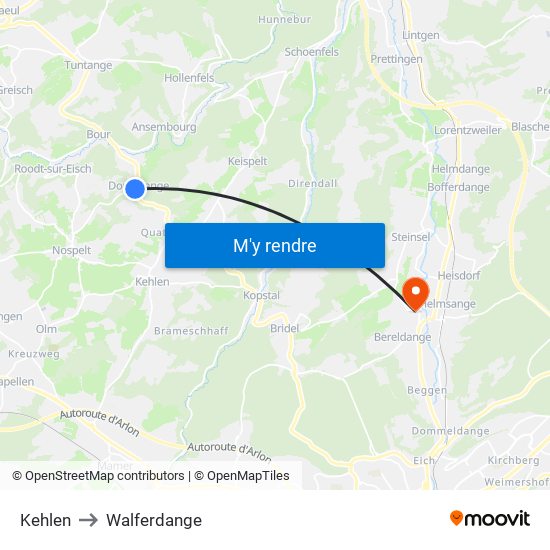 Kehlen to Walferdange map