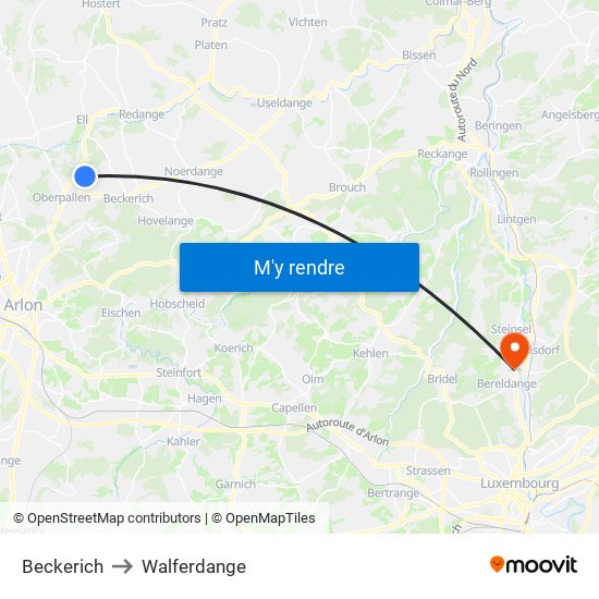 Beckerich to Walferdange map