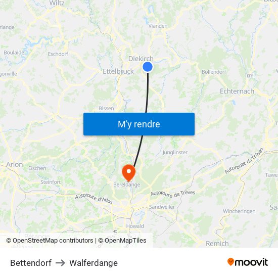 Bettendorf to Walferdange map