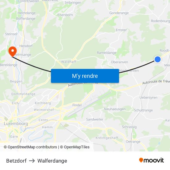 Betzdorf to Walferdange map