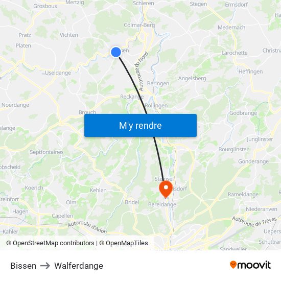 Bissen to Walferdange map