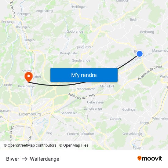Biwer to Walferdange map