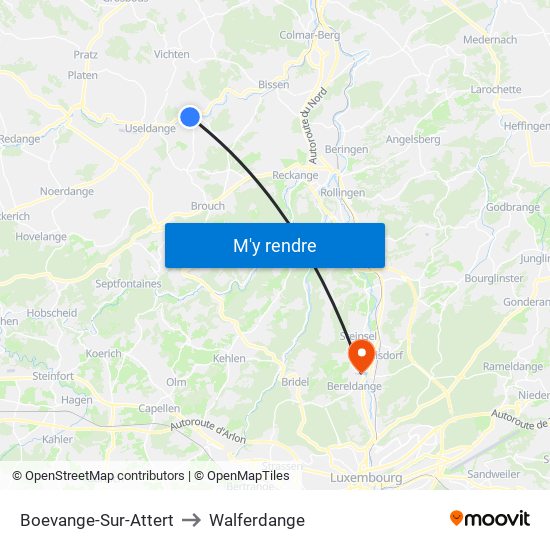 Boevange-Sur-Attert to Walferdange map