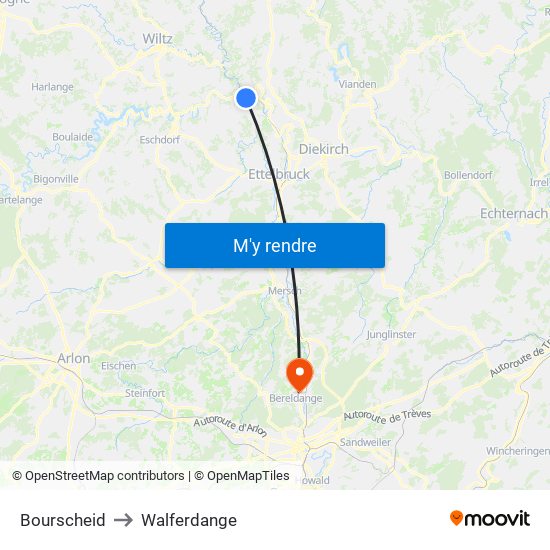 Bourscheid to Walferdange map