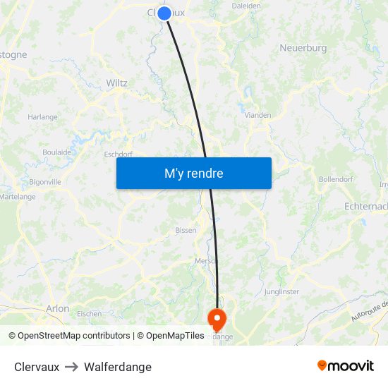 Clervaux to Walferdange map