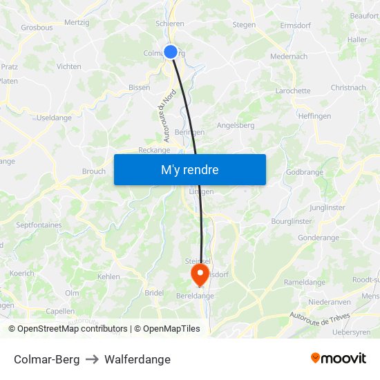 Colmar-Berg to Walferdange map