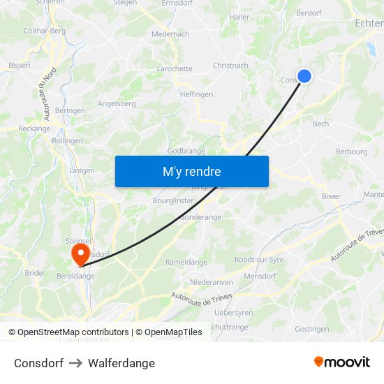 Consdorf to Walferdange map