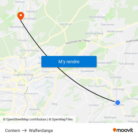 Contern to Walferdange map