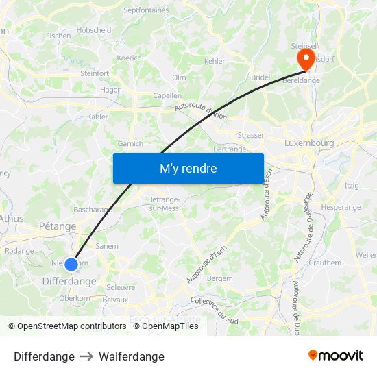 Differdange to Walferdange map