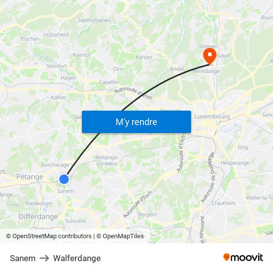 Sanem to Walferdange map