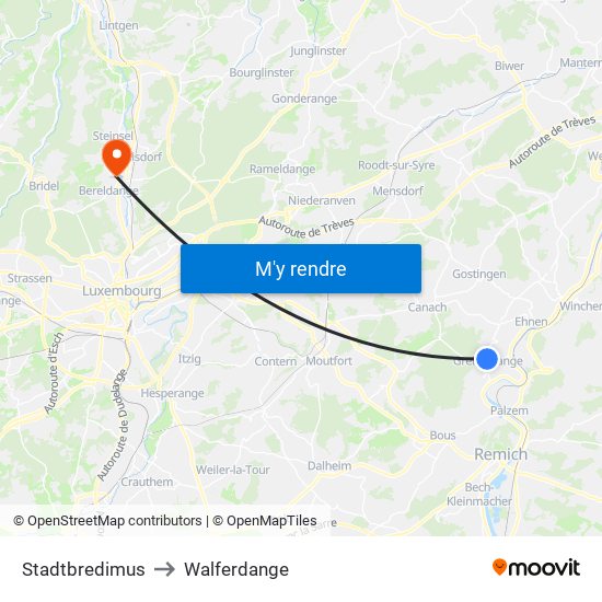 Stadtbredimus to Walferdange map