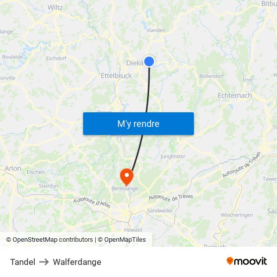 Tandel to Walferdange map