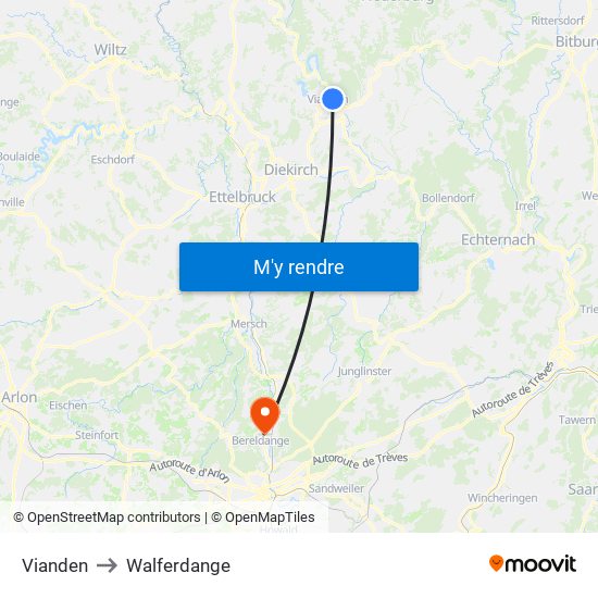 Vianden to Walferdange map