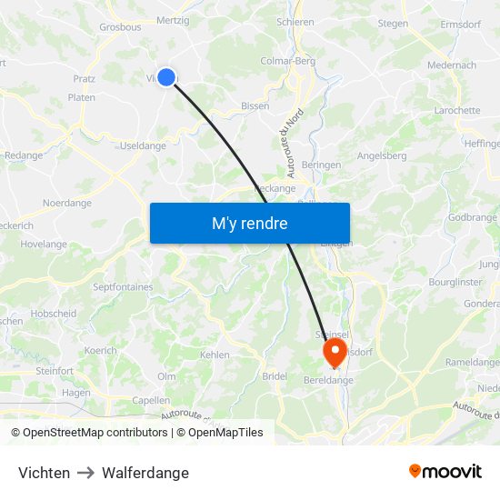 Vichten to Walferdange map