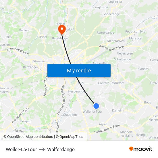 Weiler-La-Tour to Walferdange map