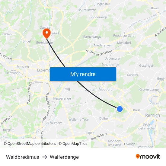 Waldbredimus to Walferdange map