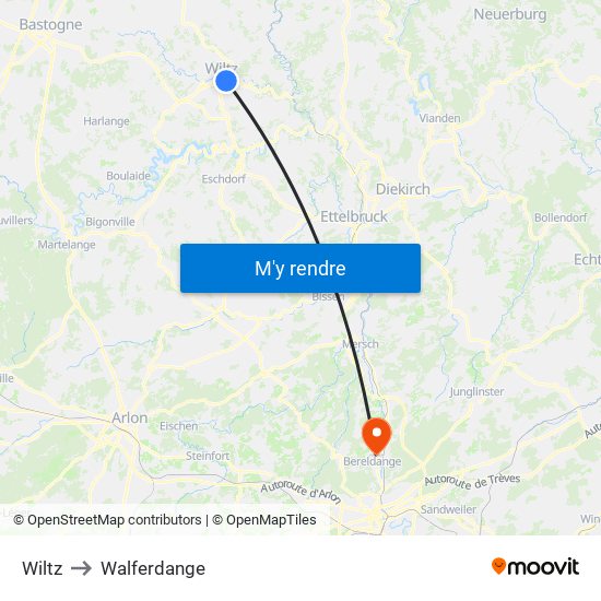 Wiltz to Walferdange map