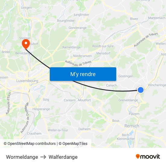 Wormeldange to Walferdange map