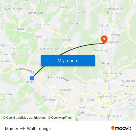 Mamer to Walferdange map