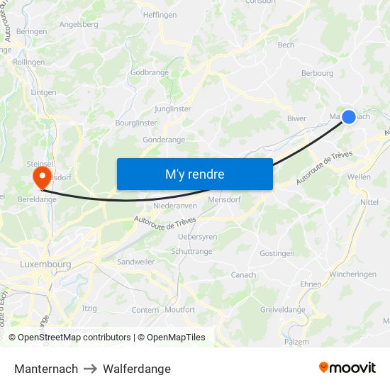 Manternach to Walferdange map