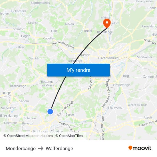 Mondercange to Walferdange map