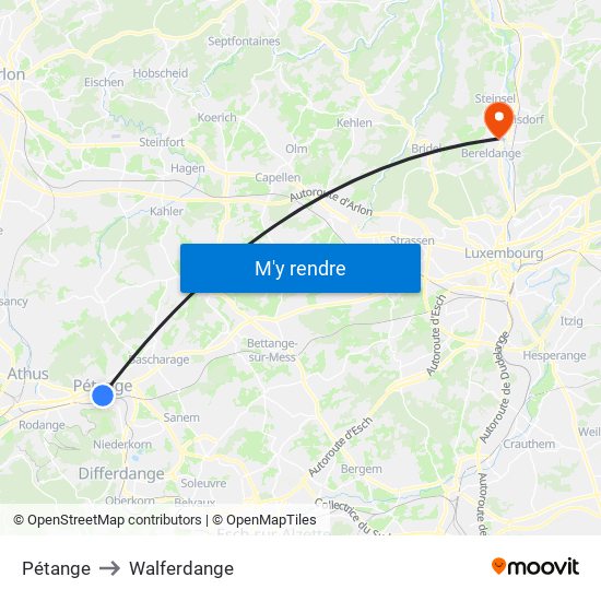 Pétange to Walferdange map