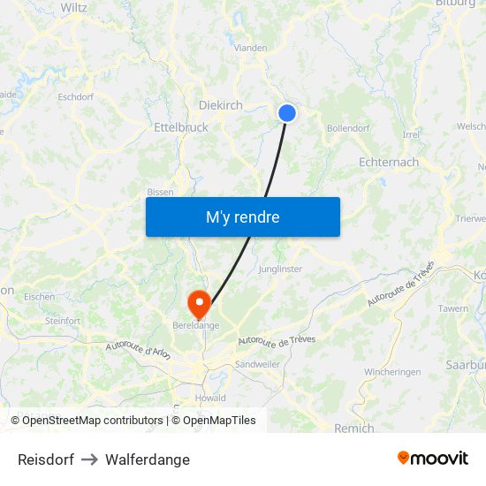 Reisdorf to Walferdange map
