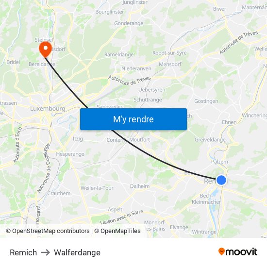 Remich to Walferdange map