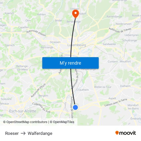 Roeser to Walferdange map