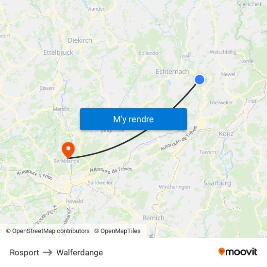 Rosport to Walferdange map